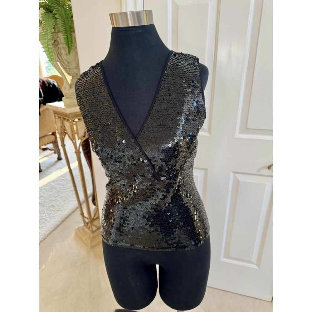 Acrobat Black Sleeveless Sequin V-Neck Silk Tank Top Size M Gothic Clubwear‎